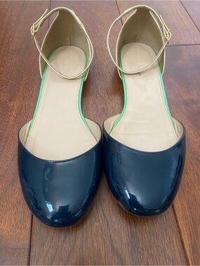 J. Crew Navy Patent D'Orsay Flats with Cream Ankle Strap